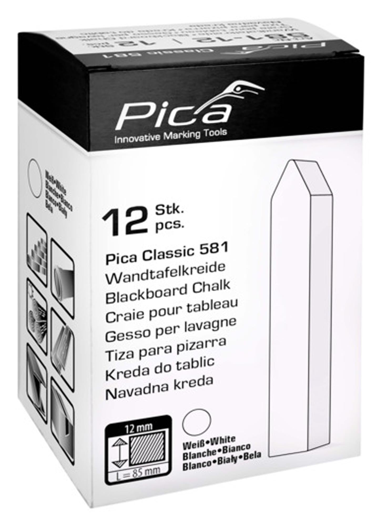 Weiße PICA Wandtafelkreide Classic 581, 12 Stück, ideal für klare und präzise Beschriftungen auf Tafeln, langlebig und staubarm.