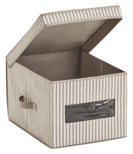 Praktische beige Aufbewahrungsbox mit Deckel, Vliesmaterial, gestreiftes Design, 30x39.5x25 cm, ideal für stilvolle Organisation.