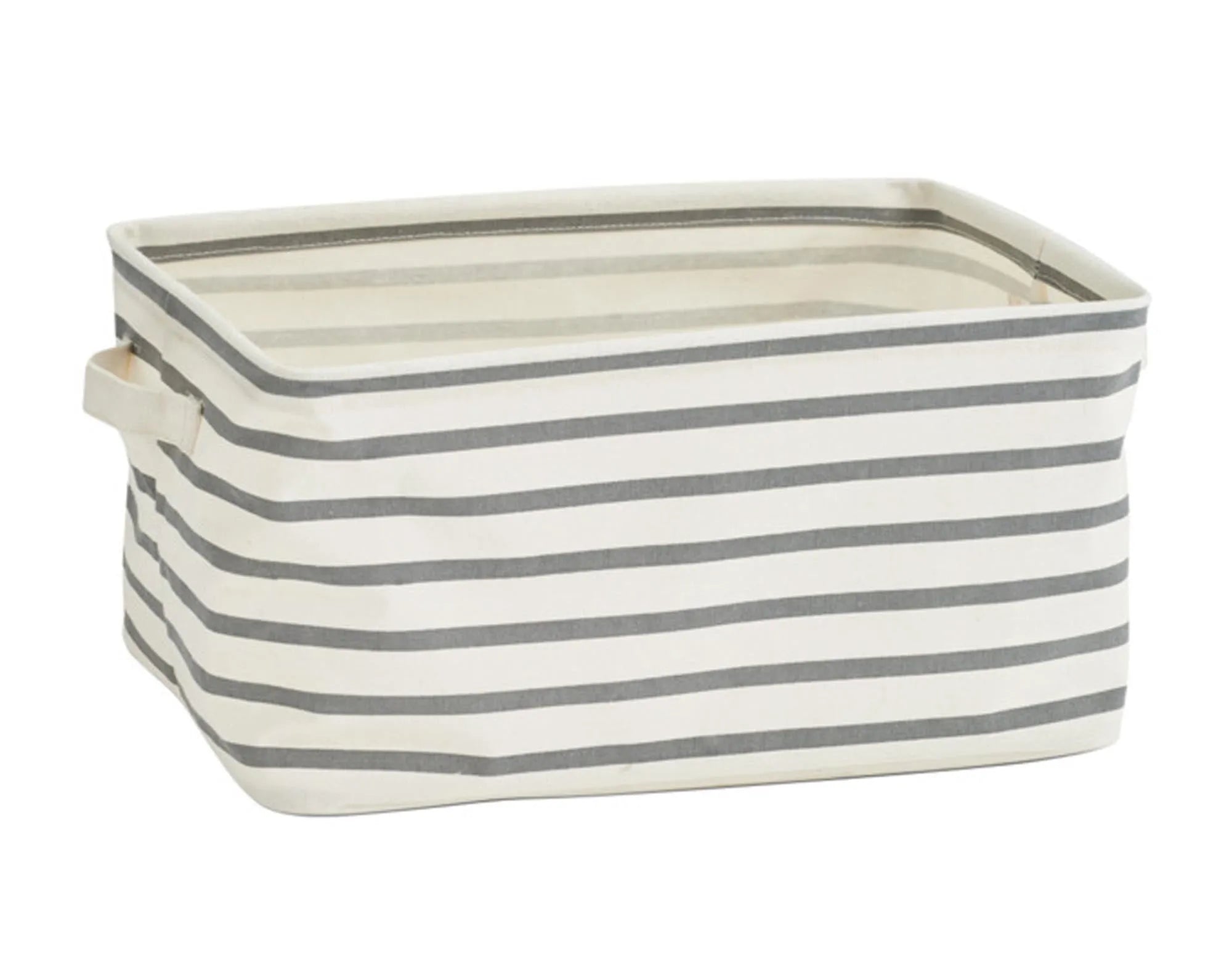 Moderner Aufbewahrungskorb Stripes in Grau, 36x25x18 cm, aus robustem Polyester mit Streifenmuster und praktischen Griffen.