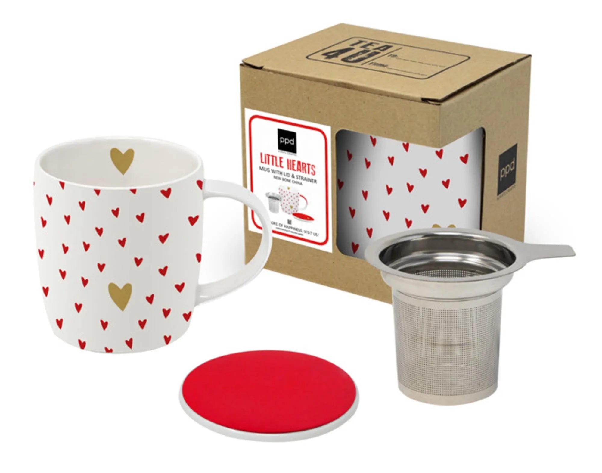 Elegante Teetasse mit Herzdesign, Porzellan, Edelstahl-Sieb, 300ml, mikrowellen- und spülmaschinengeeignet.