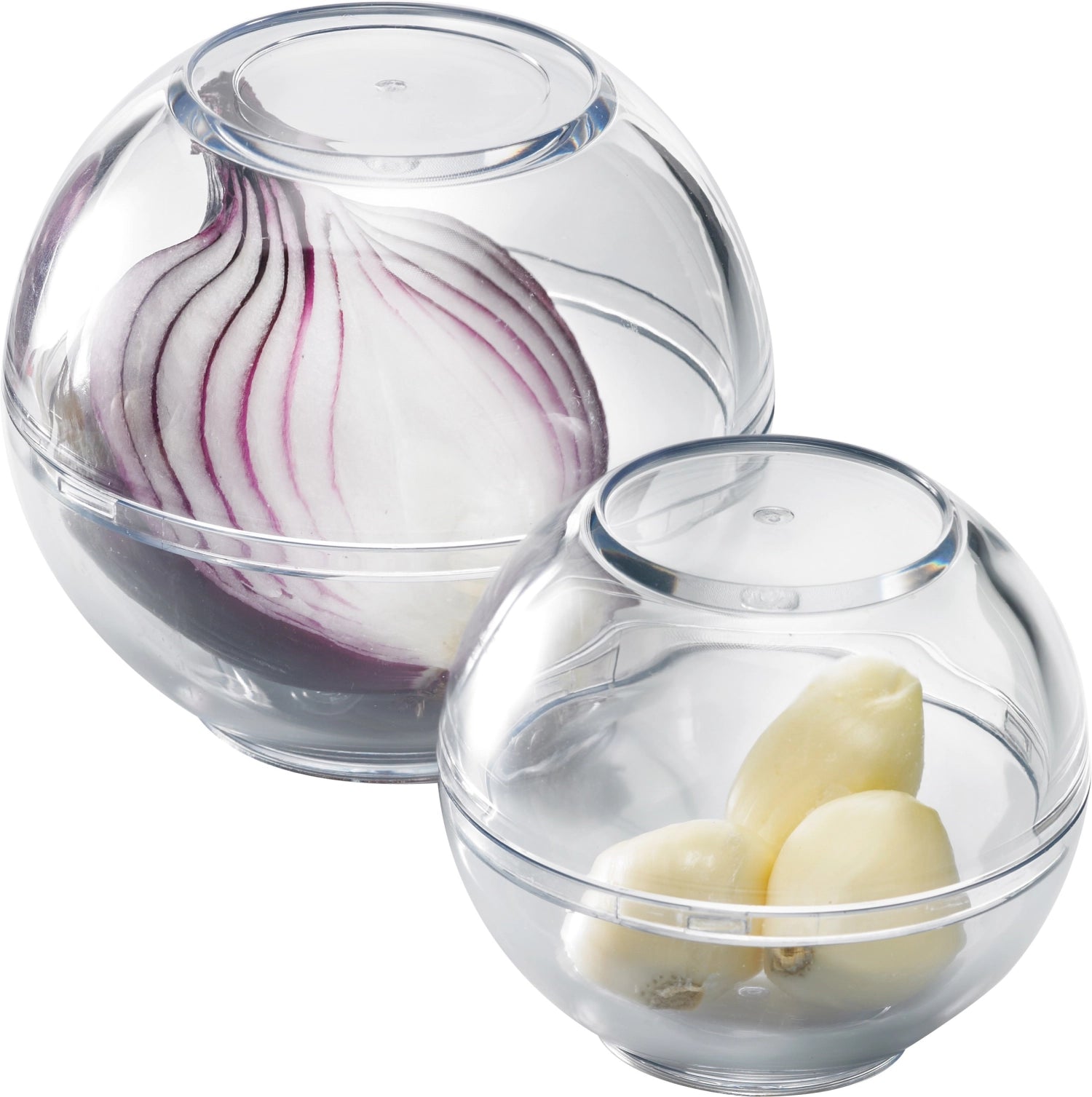 2-tlg. Set Frischhaltekugeln D9cm, H8.5cm, D7cm, H6.5cm in Transparent präsentiert im Onlineshop von KAQTU Design AG. Aufbewahrungsdose ist von Westmark