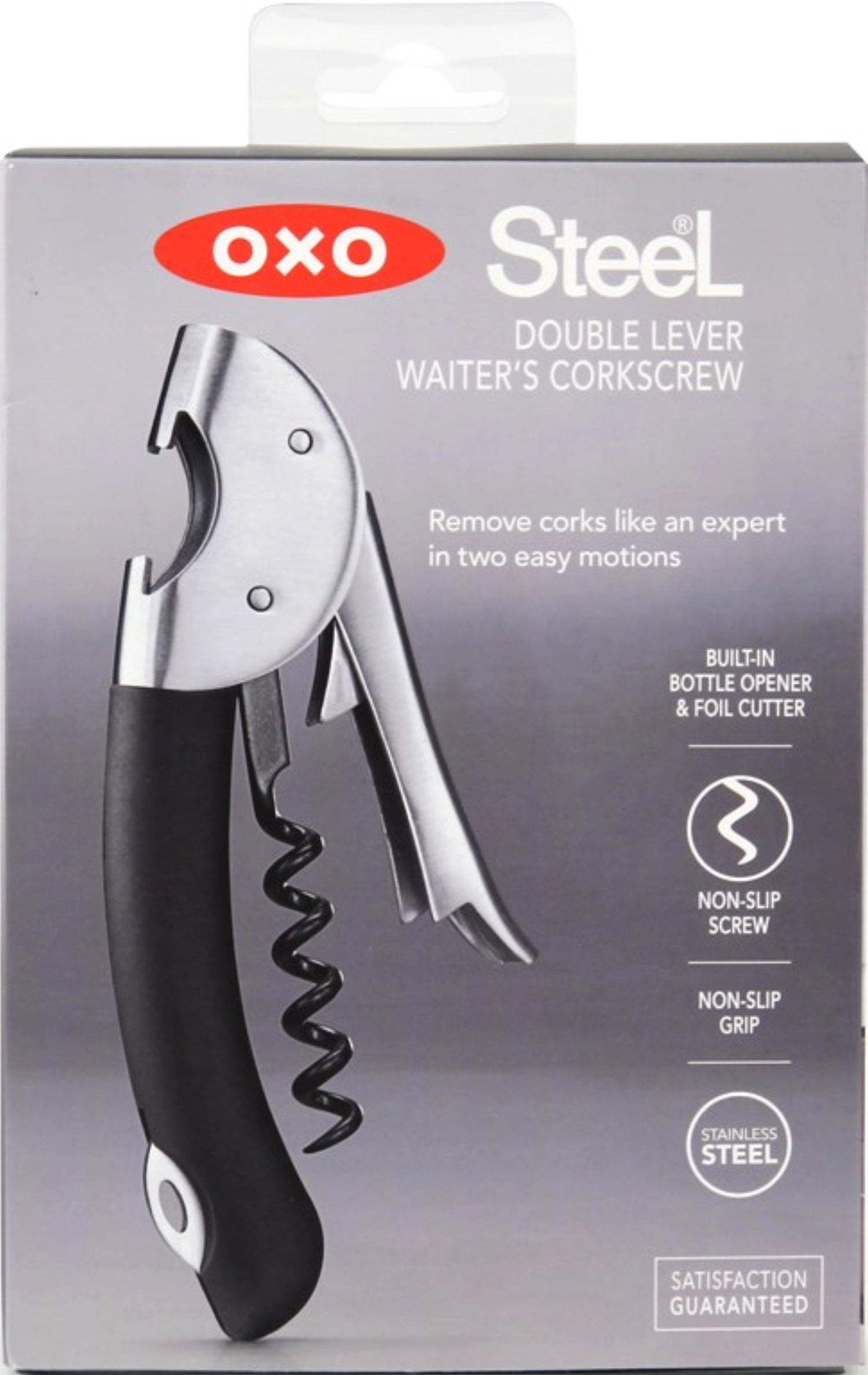 Der OXO Good Grips Steel Doppelhebel-Kellnerkorkenzieher bietet müheloses Entkorken mit ergonomischem Design und hochwertigem Material.