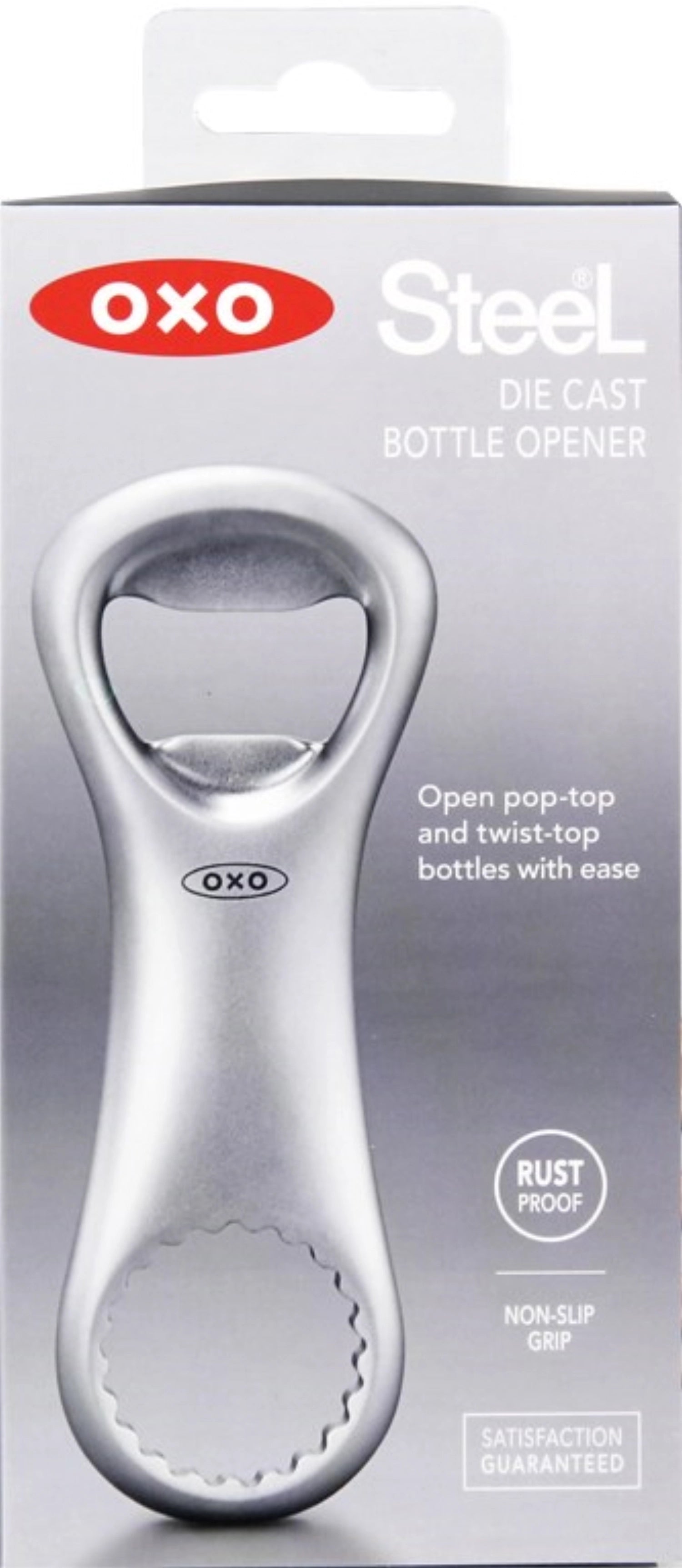 Der OXO Good Grips Steel Flaschenöffner aus Gusseisen kombiniert robustes Design mit Stil für einfaches und bequemes Flaschenöffnen.