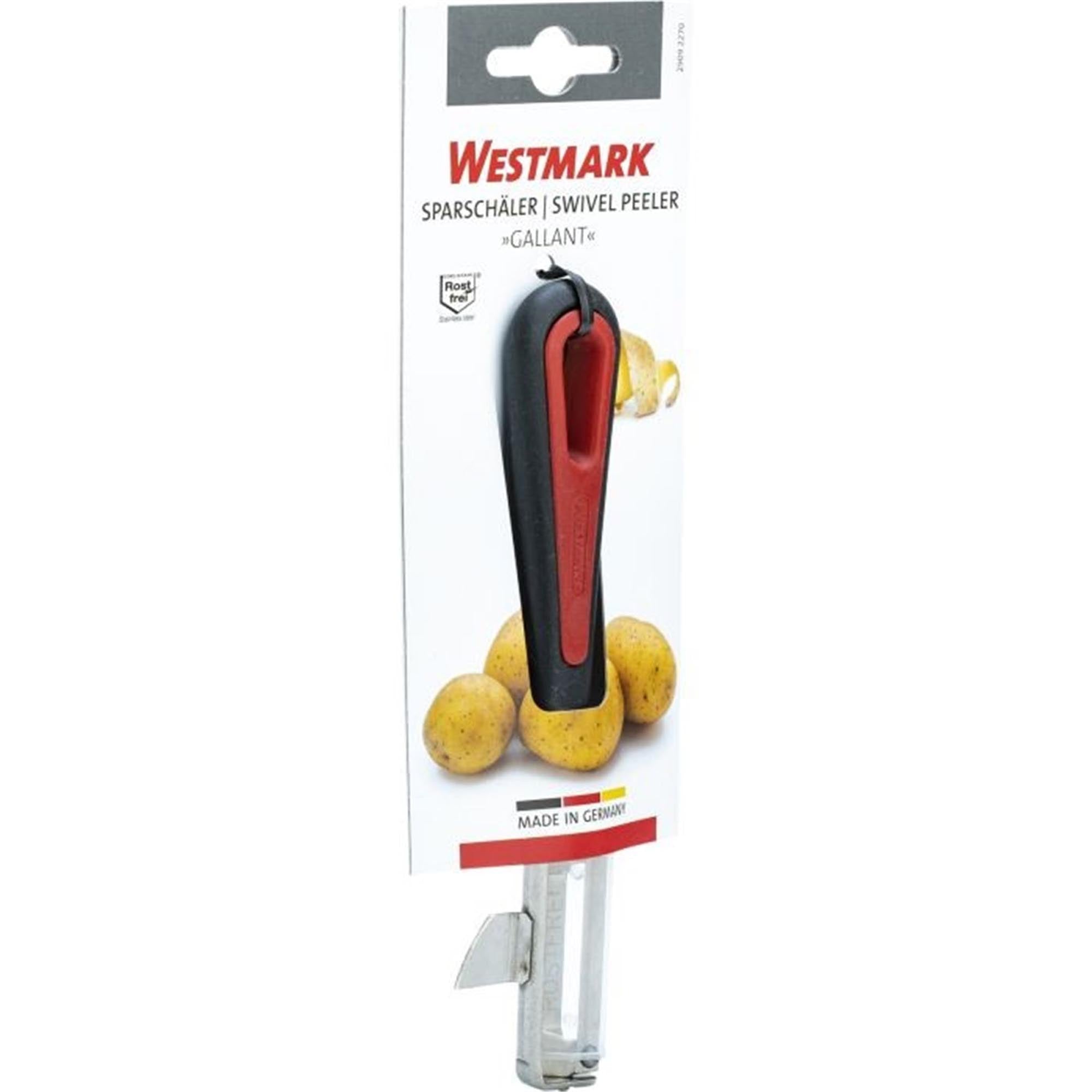 Der Sparschäler Gallant von Westmark mit beweglicher Klinge ist ideal für präzises Schälen. Maße: 15x6.9x1.8cm, ergonomisch und effizient.