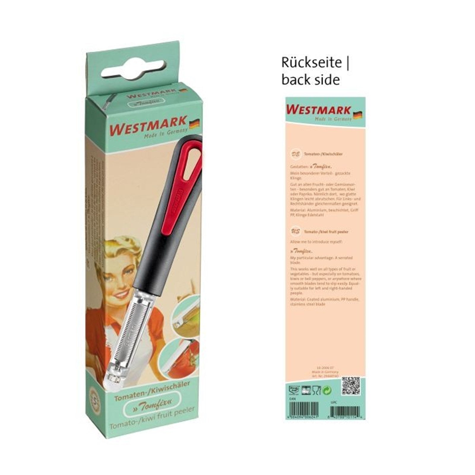 Retro Schäler Tomfix von Westmark, ideal für Tomaten und Kiwis, 18.5x2x1.5cm, robust und effizient für einfaches Schälen.