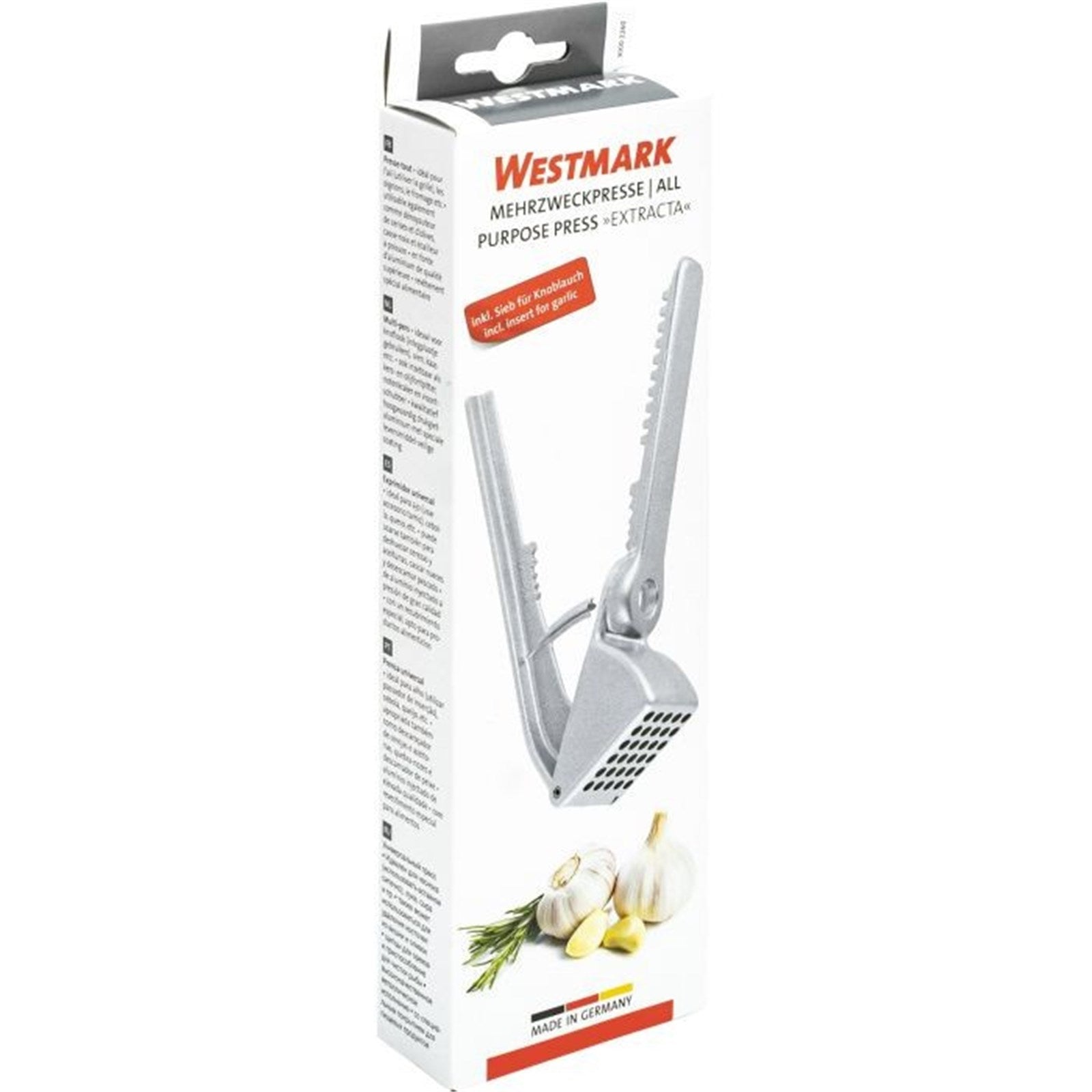 Vielseitige Mehrzweckpresse von Westmark, kompakt und robust, ideal für die Küche, Maße: 16x5.2x3.3cm.