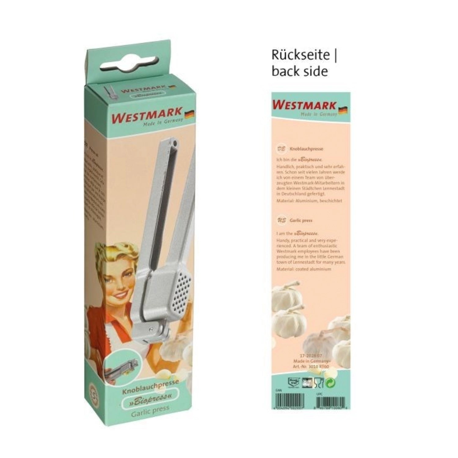 Elegante Retro Knoblauchpresse Biopress von Westmark, 15x5.2x3.3cm, ideal für die einfache und effektive Zubereitung von frischem Knoblauch.