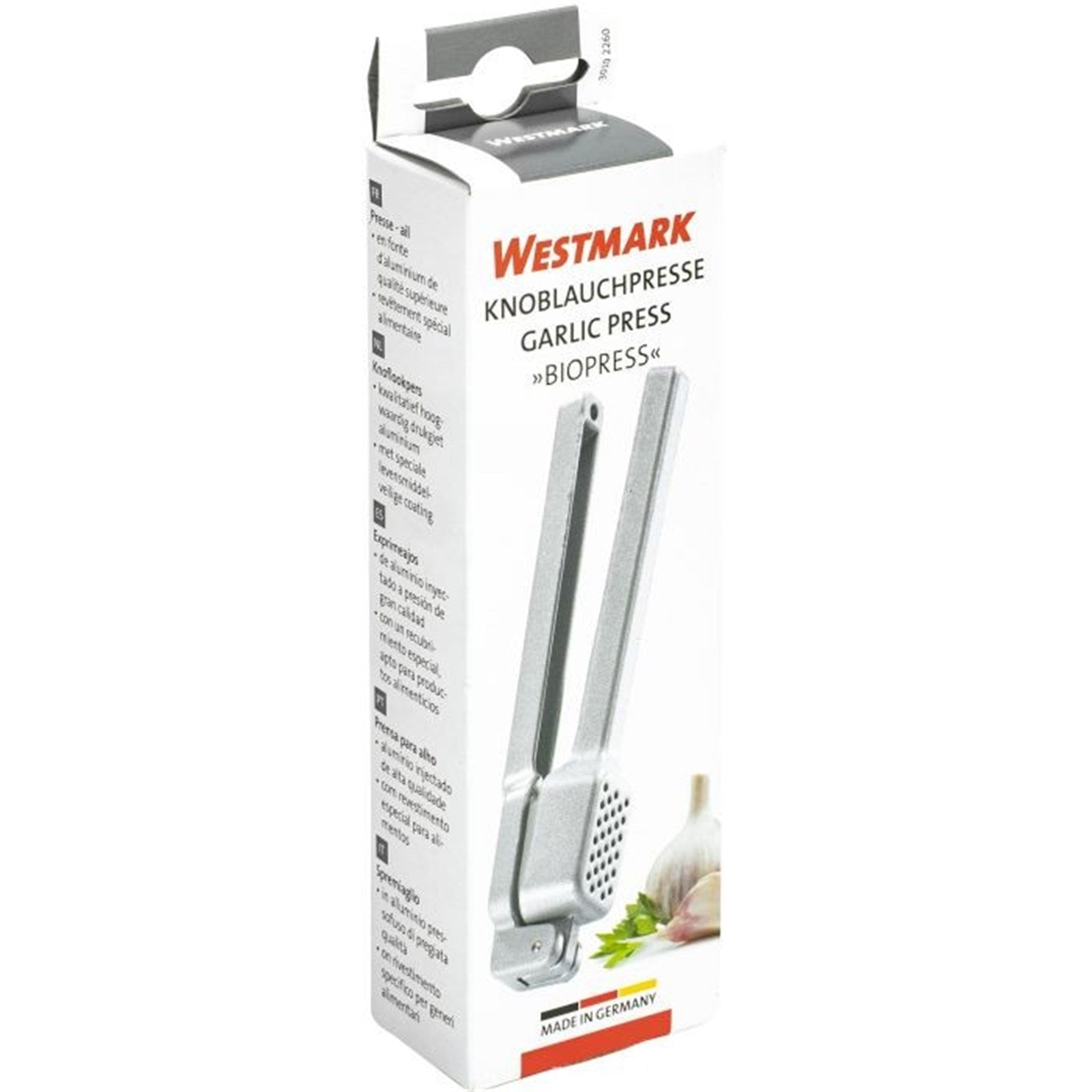 Knoblauchpresse Biopress von Westmark, 15x5.2x3.3cm, robust und praktisch, ideal für mühelose Knoblauchverarbeitung.