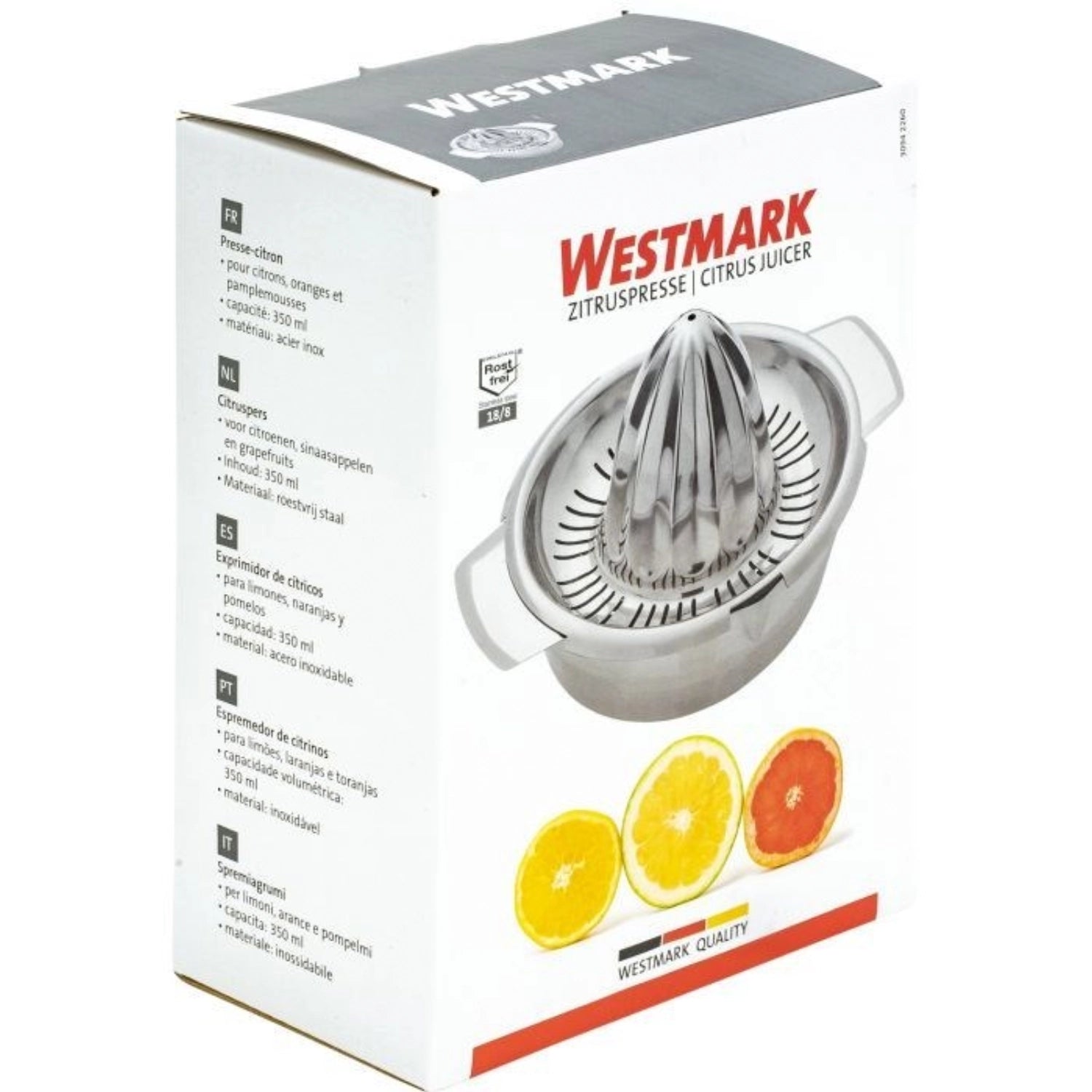 Elegante Zitruspresse aus hochwertigem Edelstahl, 0,5 l, perfekt für die Zubereitung von frischen Zitrussäften, stilvoll im Karton verpackt.