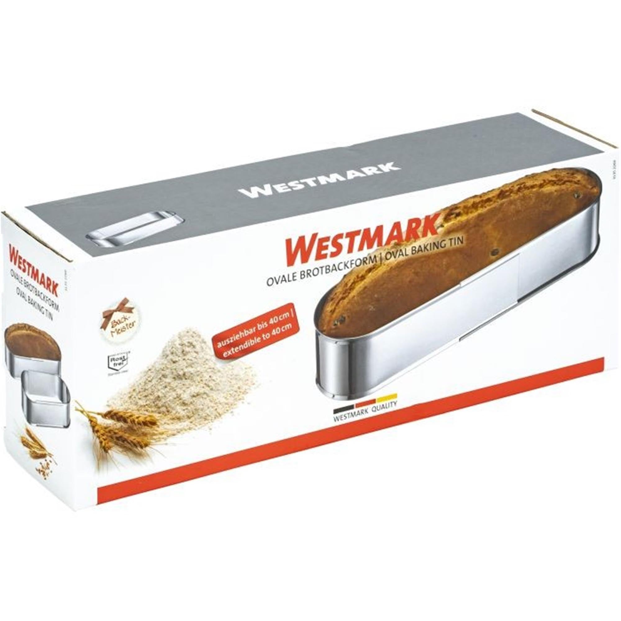 Praktische ovale Backform von Westmark, ausziehbar von 27-40 cm, ideal für Kuchen und Aufläufe, Maße: 27x9.5x7 cm.