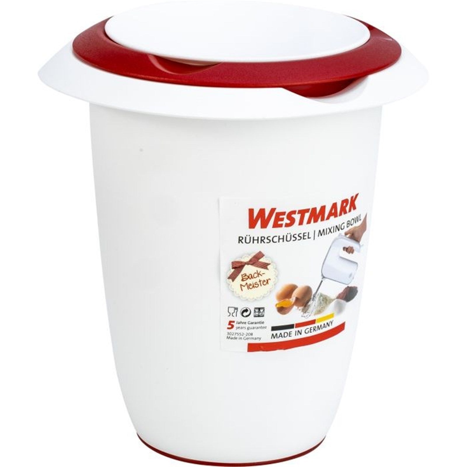 Roter Quirltopf mit Spritzschutz, 1 Liter, Maße 17x16x17.5 cm, ideal zum Mixen und Rühren, von Westmark, funktional und handlich.