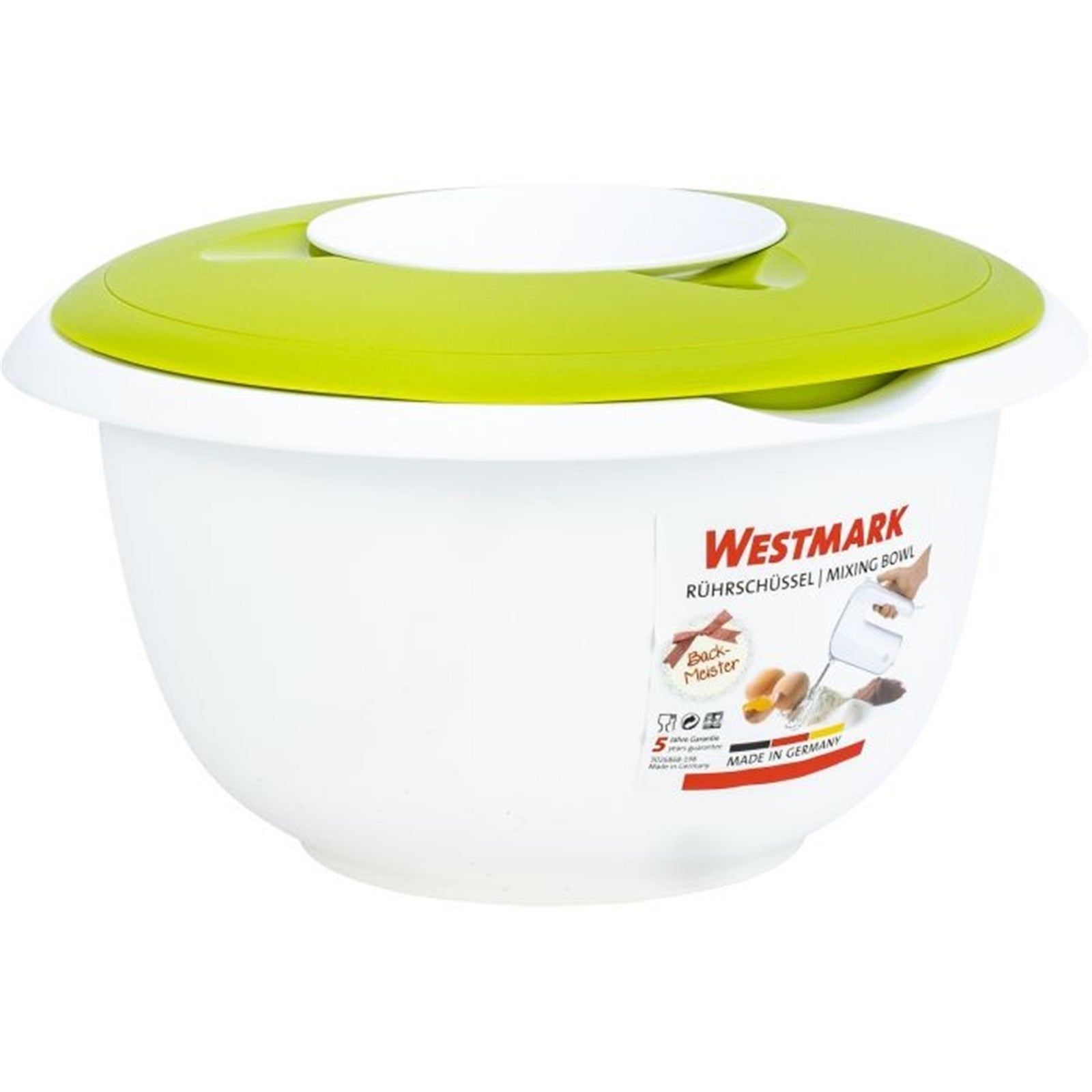 Apfelgrüne Rührschüssel 3 l mit Spritzschutz, ideal für Backen und Kochen, Maße 28.5x27x14 cm, hochwertige Westmark-Qualität.