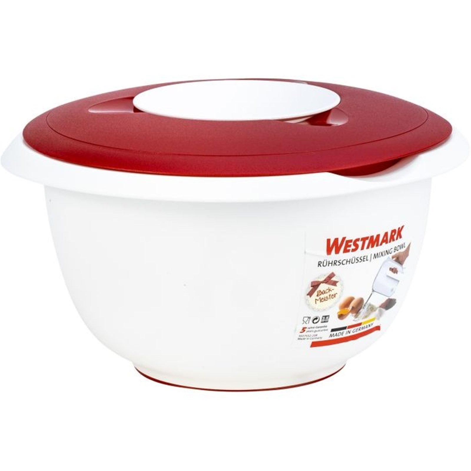 Rote Rührschüssel von Westmark, 3.5 Liter, mit Spritzschutz, Maße 28.5x27x14 cm, perfekt für sauberes Rühren und Backen.