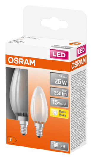 OSRAM LED-Lampe E14, 2.5W, 250lm, warmweiß, frosted, energiesparend, klassisches Design, ideal für gemütliche Beleuchtung.