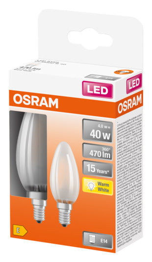 OSRAM LED-Lampe E14, 4W, 470lm, warmweiß, frosted, energiesparend, klassisches Design, ideal für gemütliche Beleuchtung.