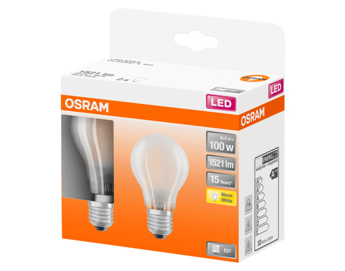 OSRAM LED-Lampe E27, 10W, 1521lm, warmweiß, matt, energiesparend, langlebig, 2er-Pack, ideal für gemütliche Beleuchtung.