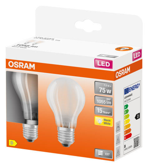 OSRAM LED-Lampe E27, 7.5W, 1055lm, warmweiß, mattiert, energieeffizient, langlebig, ideal für gemütliche Beleuchtung.