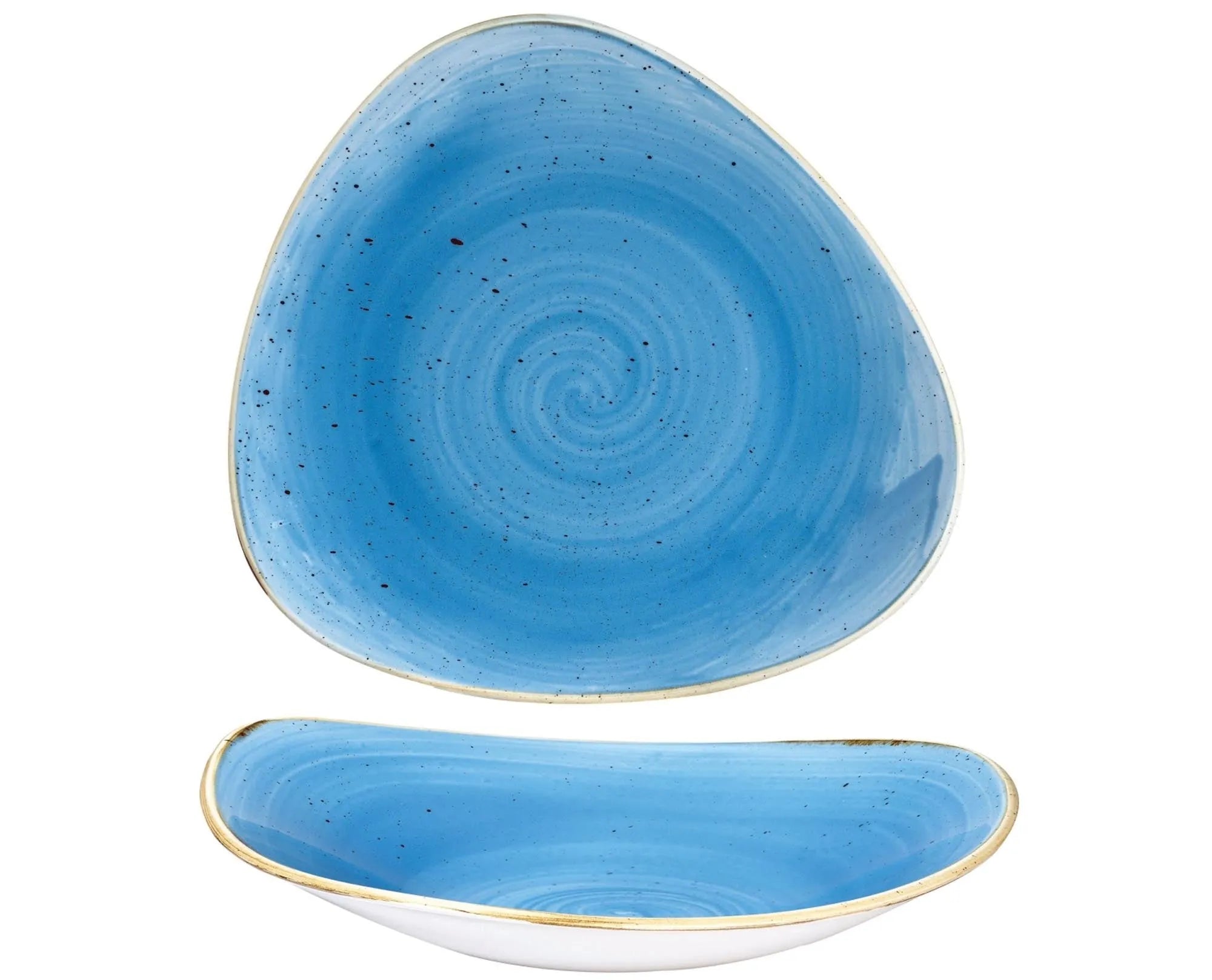 Der Stonecast Cornflower Blue Triangel Teller von Churchill: 23,5 cm, Porzellan, spülmaschinenfest, mikrowellengeeignet, modern, elegant.