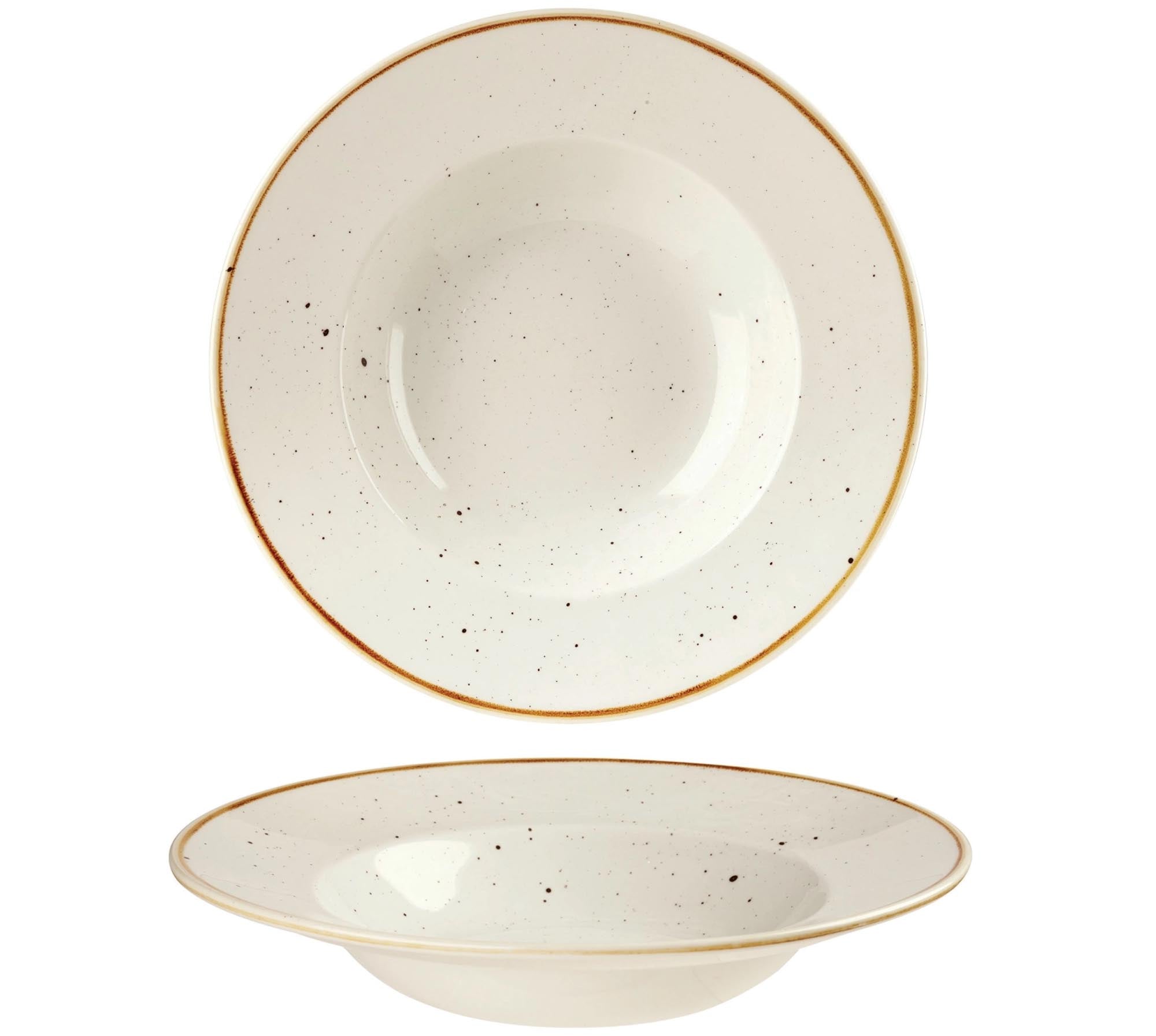 Eleganter 28cm tiefer Teller von Churchill, handbemalt, goldbrauner Rand, langlebiges Porzellan, ideal für Suppen und Eintöpfe.