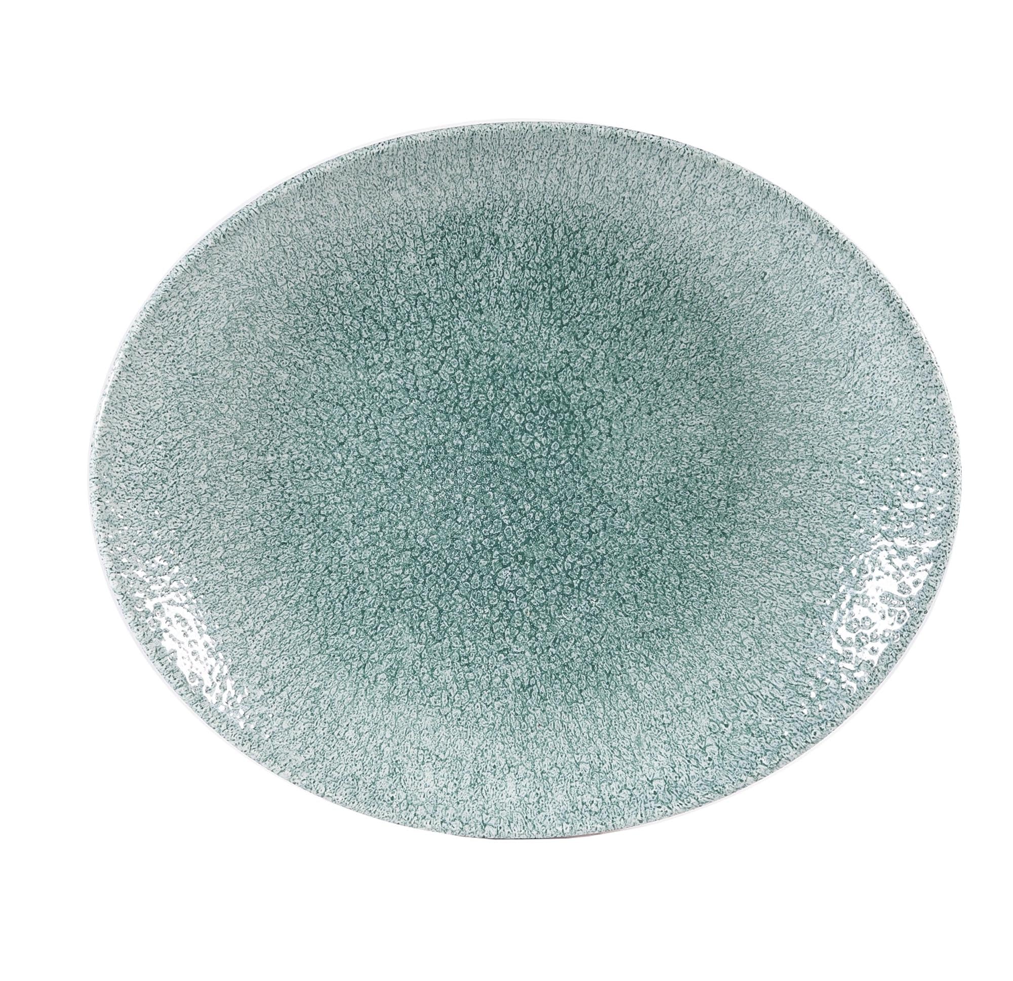 Eleganter ovaler Porzellanteller (31.7x25.5cm) mit jadegrüner Raku-Glasur, spülmaschinenfest, ideal für stilvolle Präsentationen.