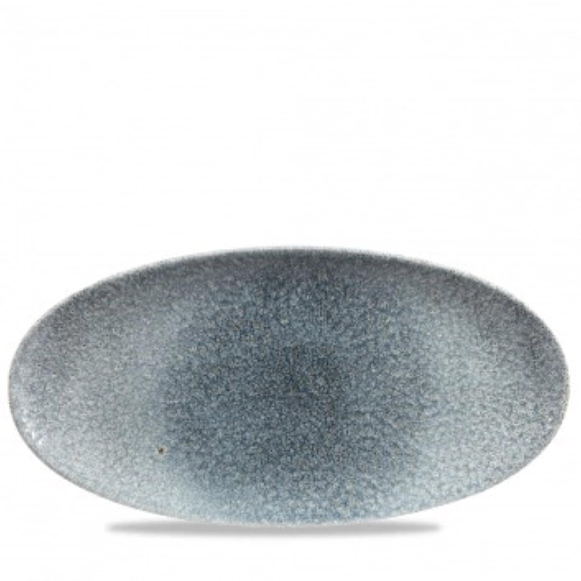 Elegante, ovale Porzellanplatte (34.7x17.3cm) in schimmerndem Topazblau, ideal für vielseitige Speisenpräsentation.