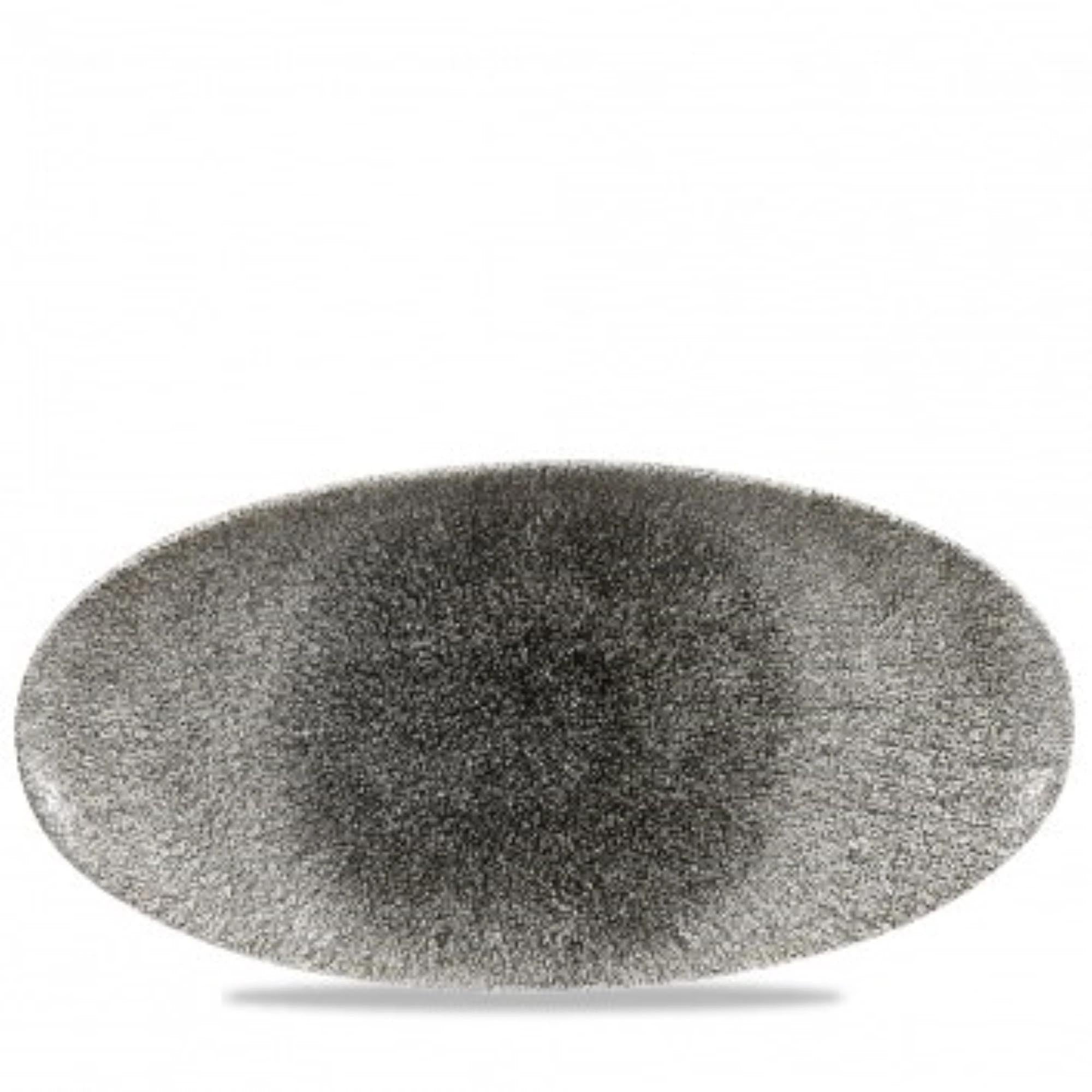 Elegante, ovale S.P. Raku Quartz Black Platte (34.7x17.3cm) von Churchill: kratzfest, spülmaschinenfest, ideal für Gastronomie.