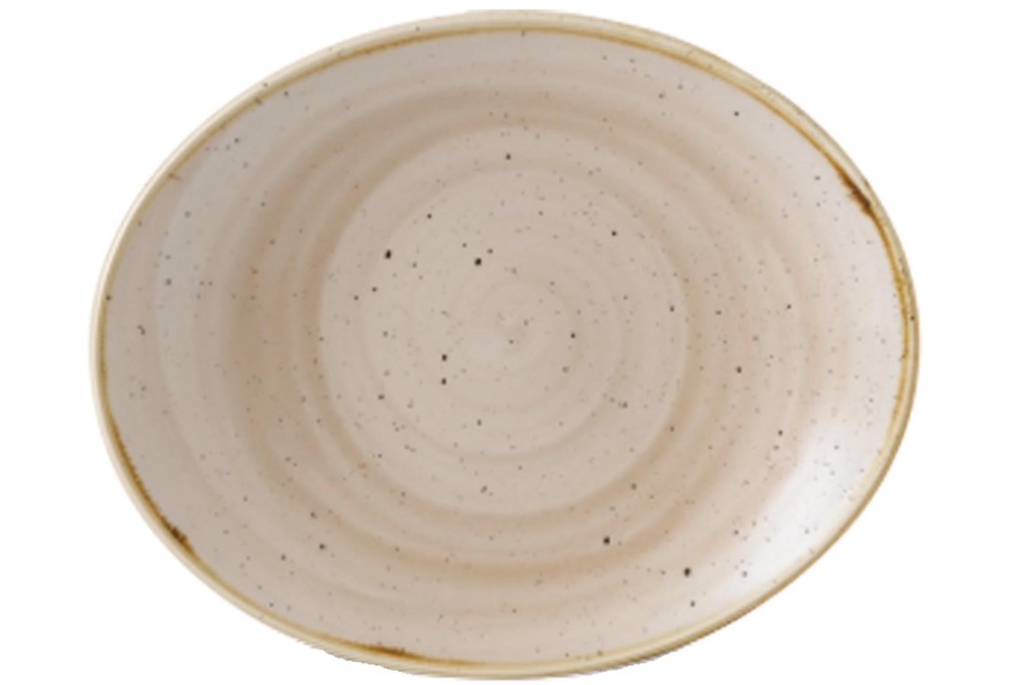 Elegante, ovale Porzellanplatte (19x16cm) in Nutmeg Beige von Churchill. Kratzfest, spülmaschinen- und mikrowellengeeignet.