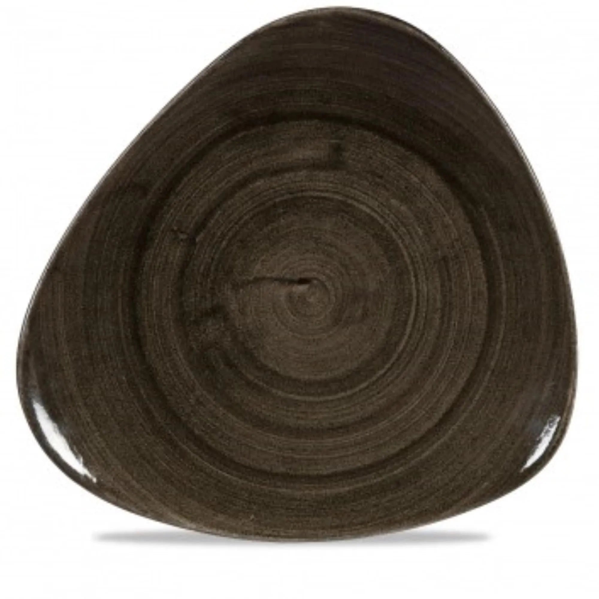 Eleganter 31,1 cm Triangel-Teller aus Porzellan mit schwarzer Patina, ideal für stilvolle Präsentationen in Gastronomie und Zuhause.
