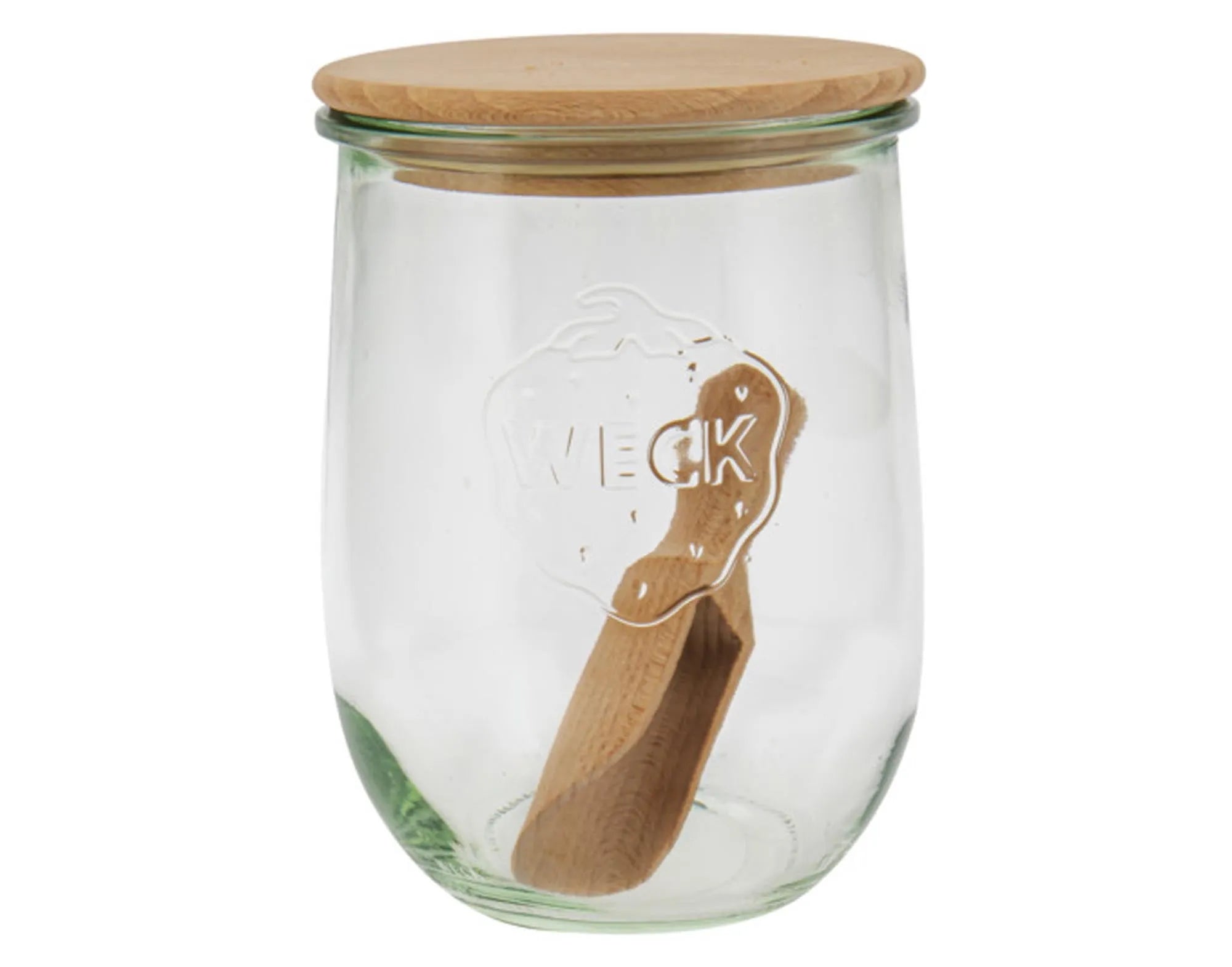 WECK Einmachglas Tulpenform mit Holzdeckel und Schaufel 1000 ml ø 100 mm in  präsentiert im Onlineshop von KAQTU Design AG. Aufbewahrungsdose ist von WECK