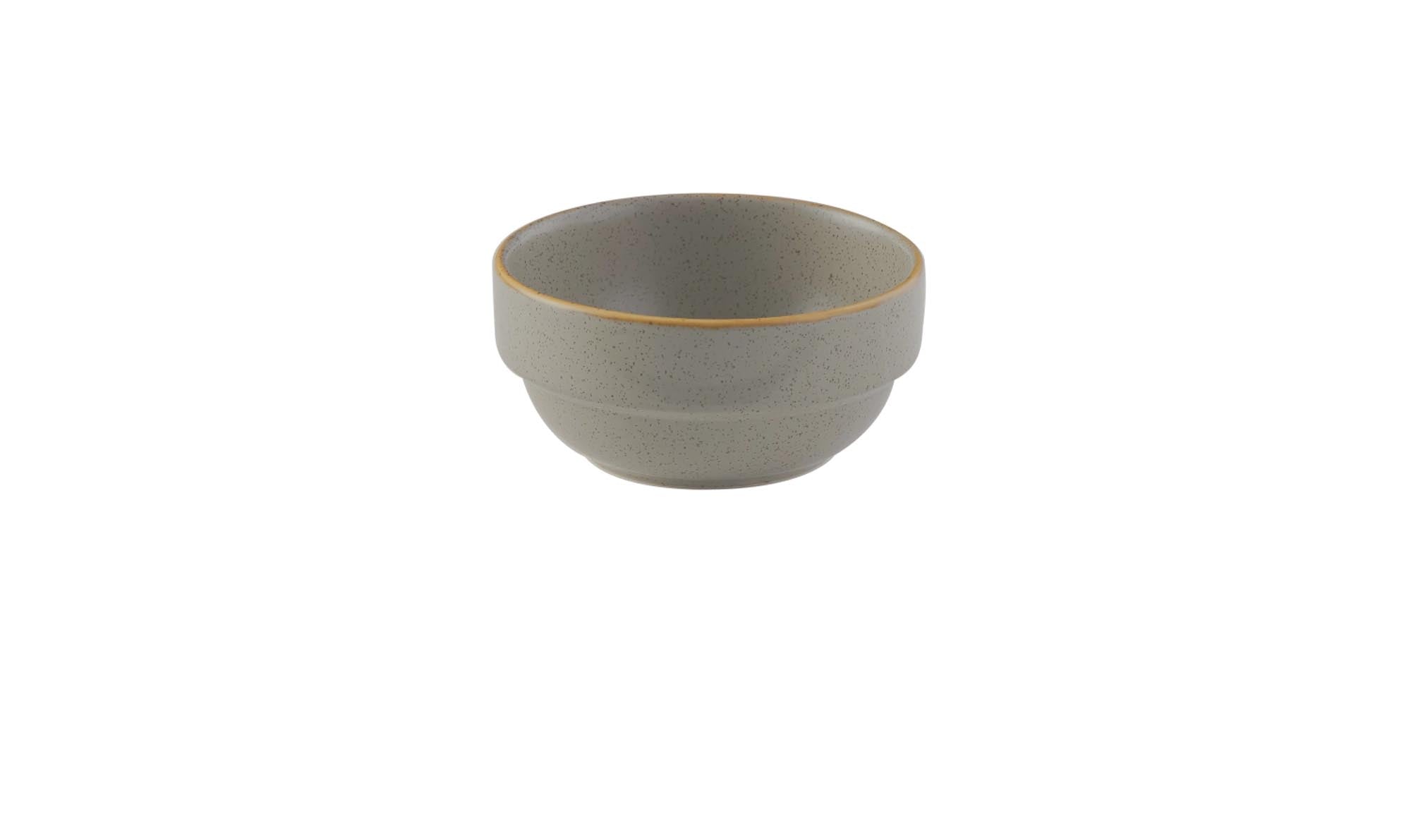 Elegante, stapelbare Porzellanschüssel (36cl, 11.5cm) in grauem Stonecast-Look, kratzfest, spülmaschinen- und mikrowellengeeignet.