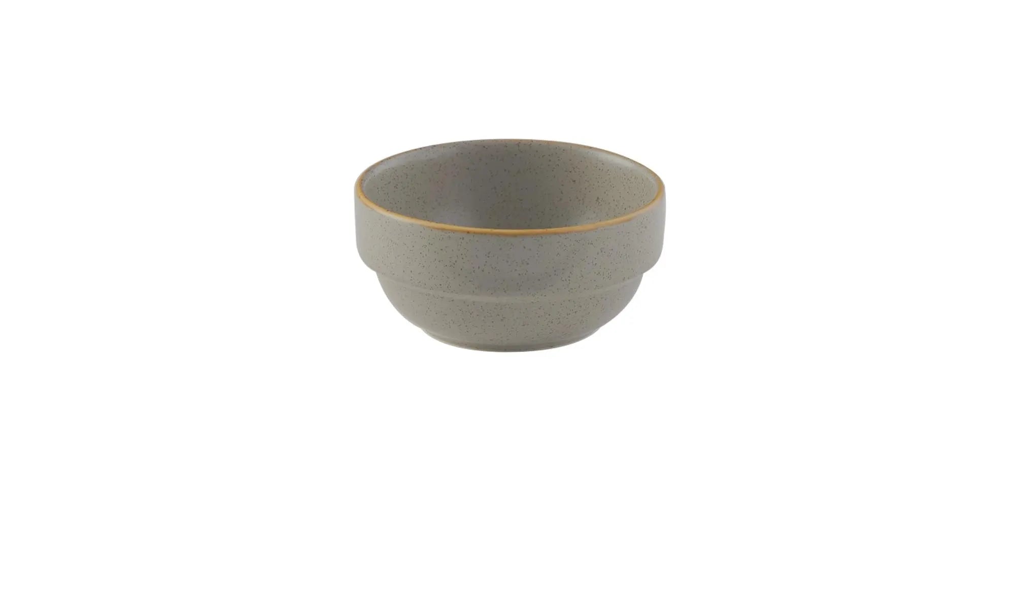 Elegante, stapelbare Porzellanschüssel (36cl, 11.5cm) in grauem Stonecast-Look, kratzfest, spülmaschinen- und mikrowellengeeignet.