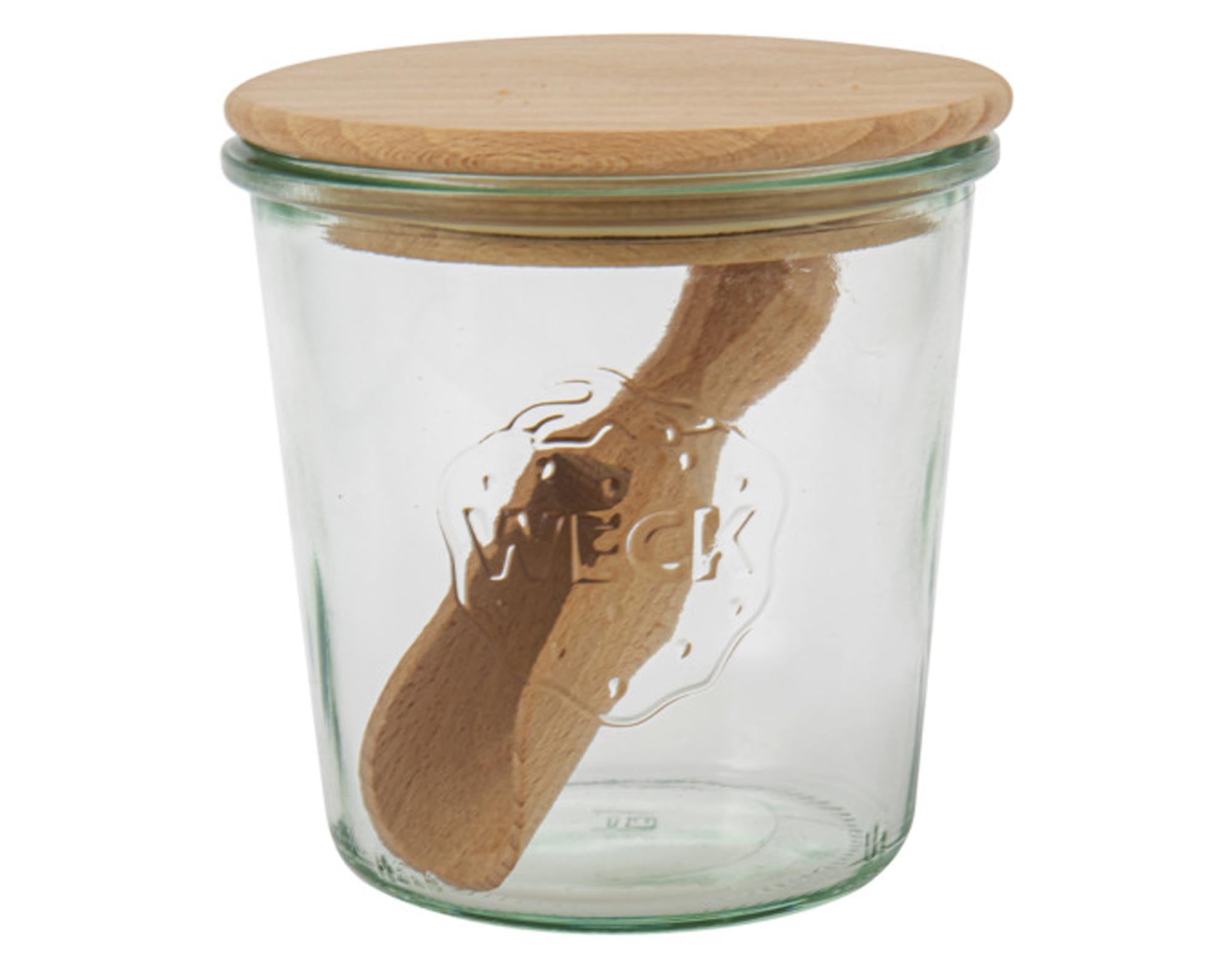 WECK Einmachglas Sturzform 500 ml mit Holzdeckel und Schaufel: ideal für Gewürze, Kräuter und Marmelade. Stilvolle Aufbewahrung für jede Küche.