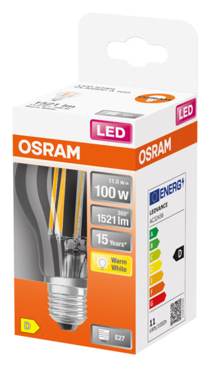 OSRAM LED-Lampe E27, 10W, 1521lm, warmweiß, klare Optik, energieeffizient, ideal für Wohnräume, Retrofit-Design.