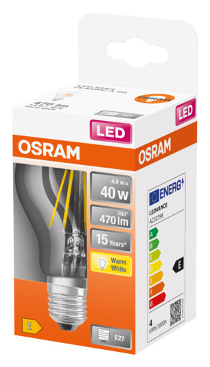 OSRAM LED-Lampe E27, 4W, 470lm, warmweiß, klare Retro-Optik, energieeffizient, ideal für gemütliche Beleuchtung.