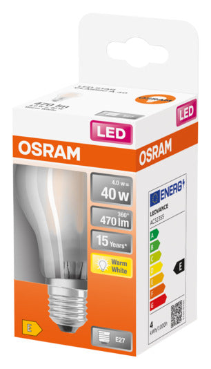 OSRAM LED-Lampe E27, 4W, 470lm, warmweiß, frosted, energieeffizient, ideal für gemütliche Beleuchtung, langlebig und hochwertig.