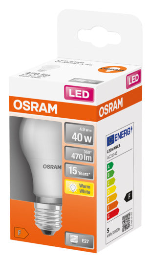 OSRAM LED-Lampe E27, 5.5W, 470lm, warmweiß, matt, energieeffizient, langlebig, ideal für gemütliche Beleuchtung.