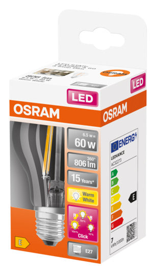 OSRAM LED-Lampe E27, 7W, 806lm, warmweiß, klare Optik, 3-Stufen-Dimmung, energieeffizient, ideal für vielseitige Beleuchtung.