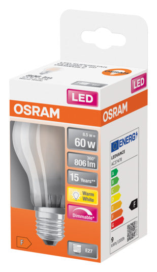 OSRAM LED-Lampe E27, 7W, 806lm, dimmbar, warmweiß, matt, energieeffizient, ideal für gemütliche Beleuchtung.