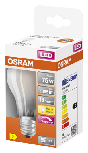 OSRAM LED-Lampe E27, 7.5W, 1055lm, dimmbar, warmweiß, matt, energiesparend, ideal für gemütliche Beleuchtung.