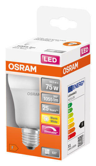 OSRAM LED-Lampe Superstar Classic A E27, 10.5W, 1055lm, frosted, warmweiß, energieeffizient, langlebig, ideal für Wohnräume.