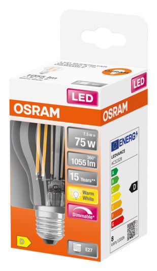 OSRAM LED-Lampe E27, 9W, 1055lm, dimmbar, warmweiß, klare Retro-Optik, energieeffizient, ideal für gemütliche Beleuchtung.
