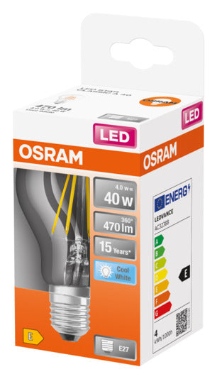 OSRAM LED-Lampe E27, 4W, 470lm, klare Retro-Optik, Cool White Licht, energieeffizient, ideal für moderne Beleuchtung.