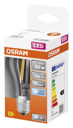 OSRAM LED-Lampe E27, 7W, 806lm, klar, Cool White, energieeffizient, langlebig, ideal für helle und moderne Beleuchtung.