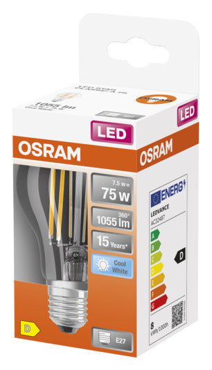 OSRAM LED-Lampe E27, 7.5W, 1055lm, klare Optik, Cool White, energieeffizient, ideal für helle und moderne Beleuchtung.