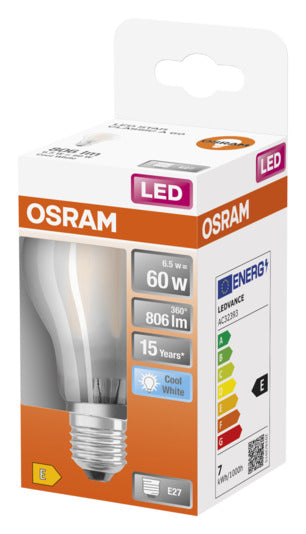 OSRAM LED-Lampe E27, 7W, 806lm, Cool White, frosted, energieeffizient, langlebig, ideal für moderne Beleuchtung.
