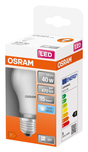OSRAM LED-Lampe Star Classic A E27, 5W, 470lm, Cool White, frosted, energieeffizient, langlebig, ideal für klare Beleuchtung.