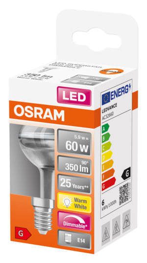 OSRAM LED-Lampe Superstar R50 E14, 5.9W, 345lm, warmweißes Licht, energieeffizient, ideal für gemütliche Beleuchtung.