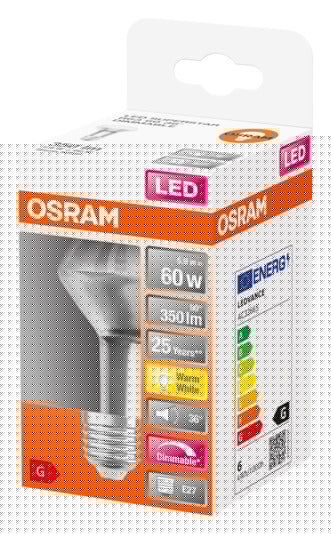 OSRAM LED-Lampe Superstar R63 E27, 5.9W, 345lm, warmweißes Licht, energieeffizient, langlebig, ideal für gemütliche Beleuchtung.
