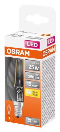 OSRAM LED-Lampe E14 2.5W, 250lm, warmweiß, klare Retro-Optik, energieeffizient, ideal für stilvolle Beleuchtung.