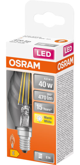 OSRAM LED-Lampe E14 4W, 470lm, warmweiß, klare Retro-Optik, energieeffizient, ideal für stilvolle Beleuchtung.